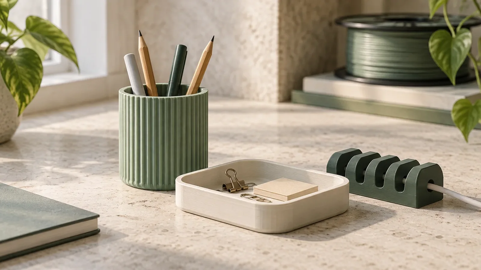 Illustration: desk accessories and layered print texture