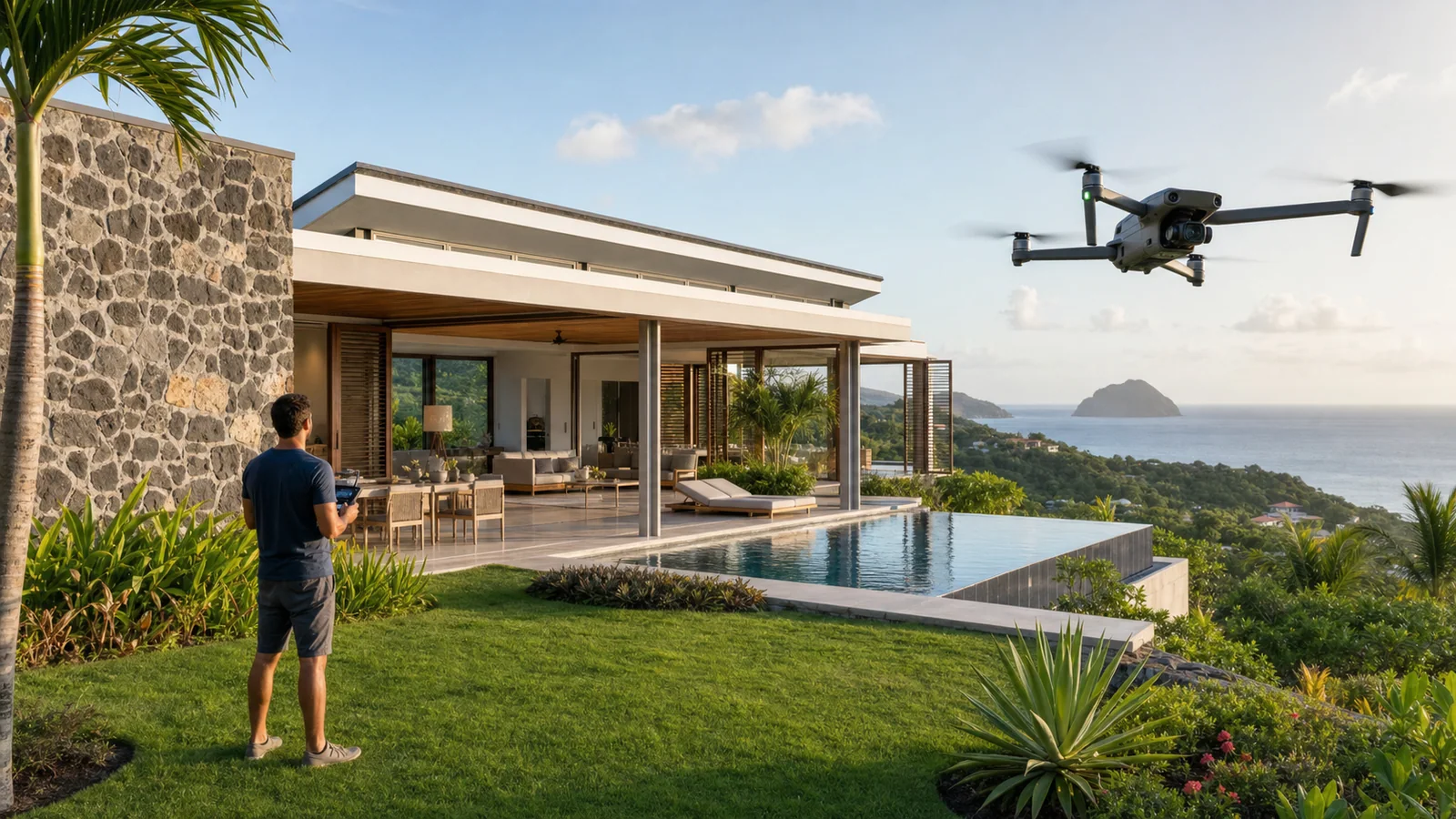Real-estate drone photographing a contemporary villa with a pool and sea view in Martinique.