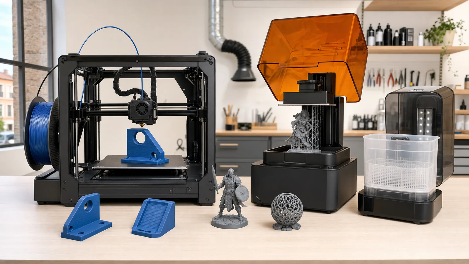 Workshop comparison of filament-based FDM printing and high-detail resin printing.