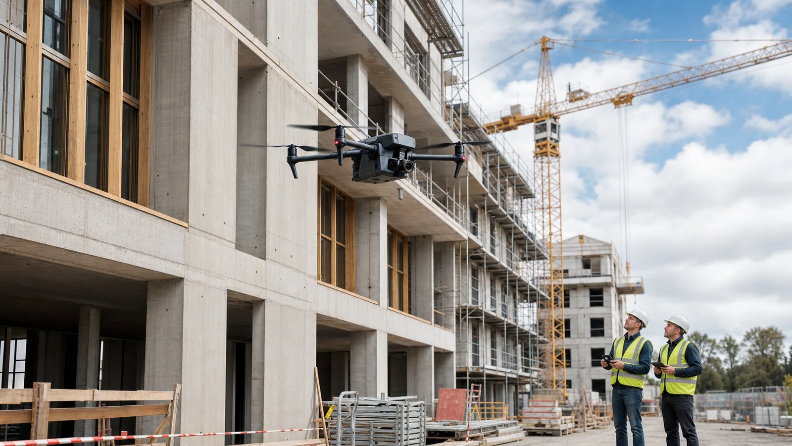 Inspection drone checking a construction facade under the supervision of two engineers.