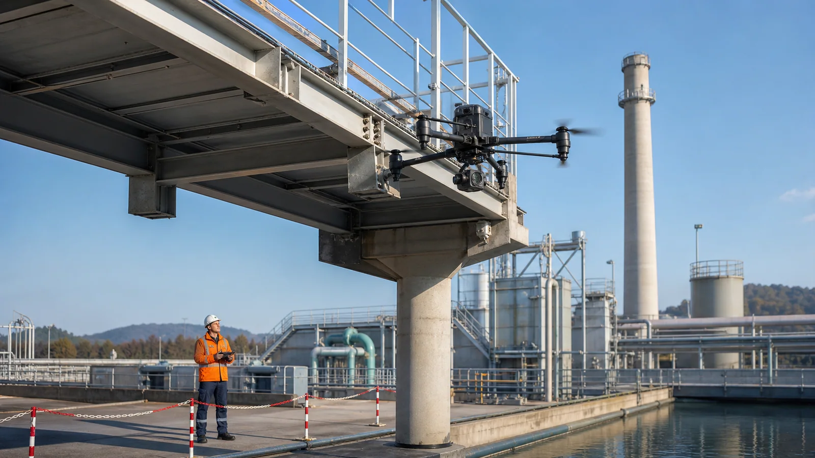 Industrial drone inspecting bridge connections inside a secured technical facility.