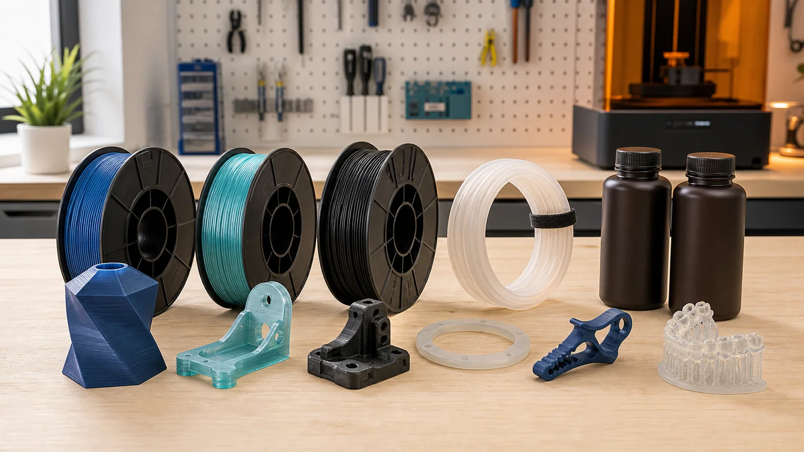 Selection of filaments, resins and technical parts illustrating the main 3D-printing materials.