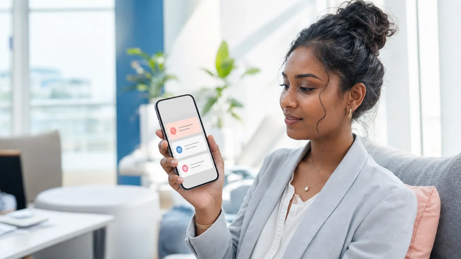 Professional viewing three prioritized mobile notifications on a current smartphone.