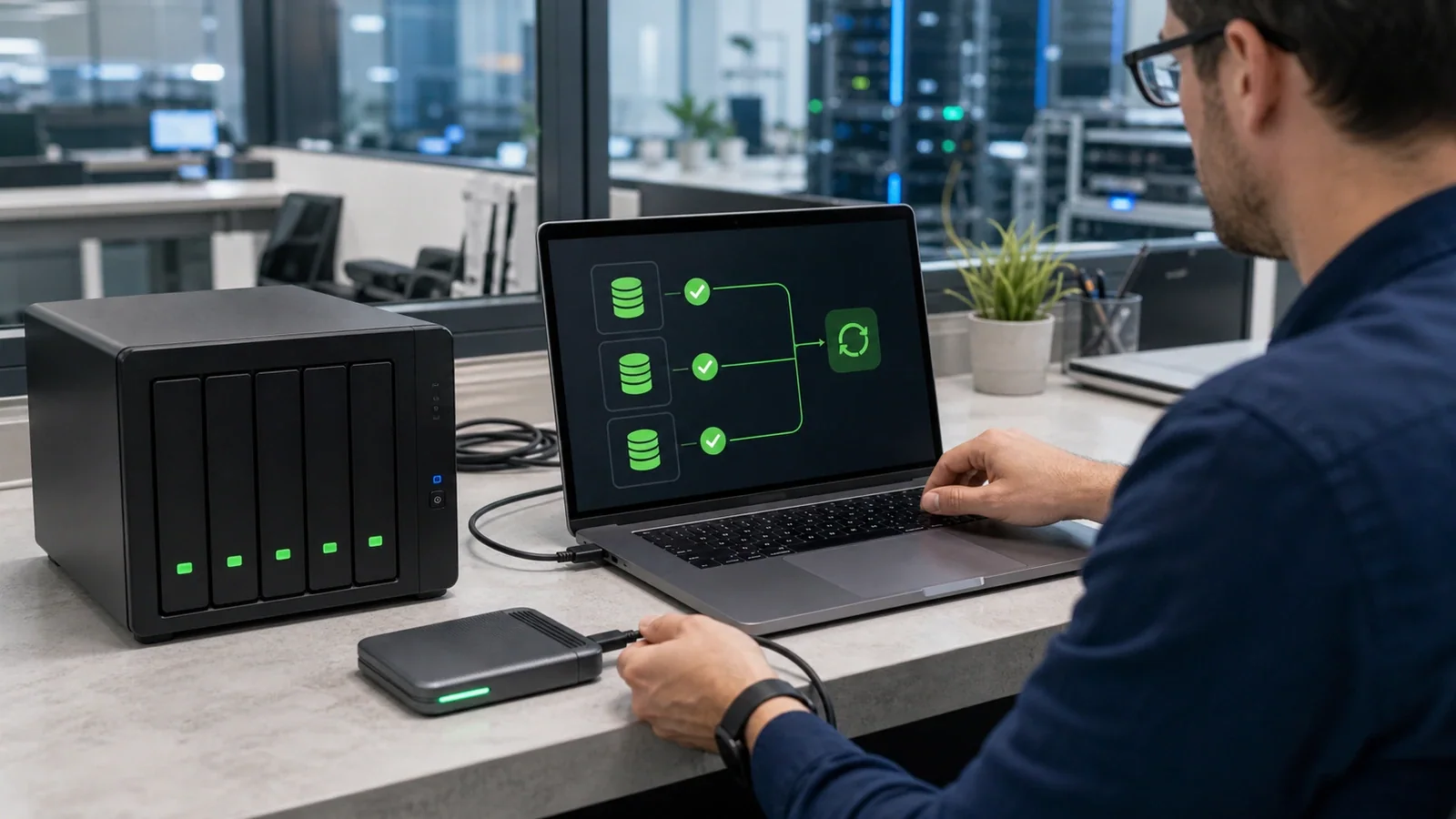 Technician verifying a layered backup across a NAS, an SSD and a laptop.