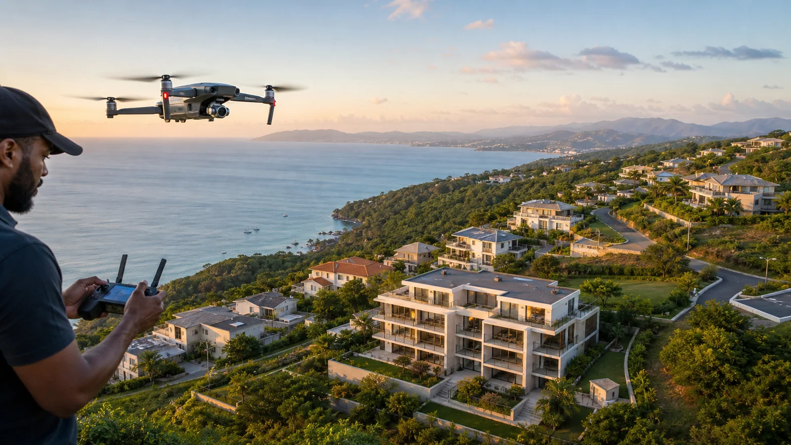 Photographer flying a drone above contemporary homes on the Martinique coastline.