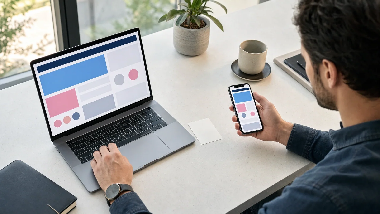 Consultant comparing the same service on a laptop and smartphone when choosing between PWA and native app.