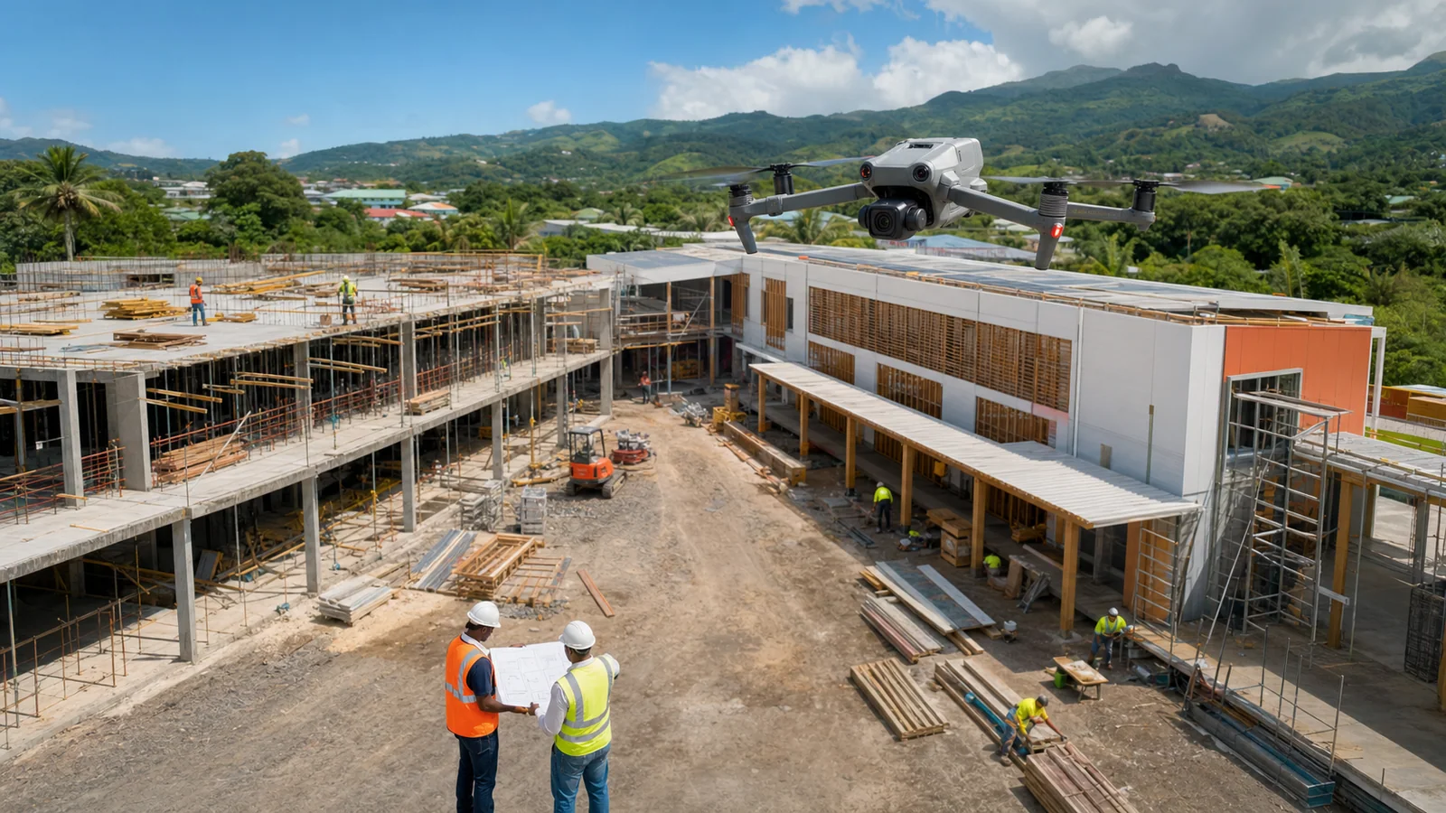 Drone documenting progress on a tropical construction site from raw structure to finished facade.